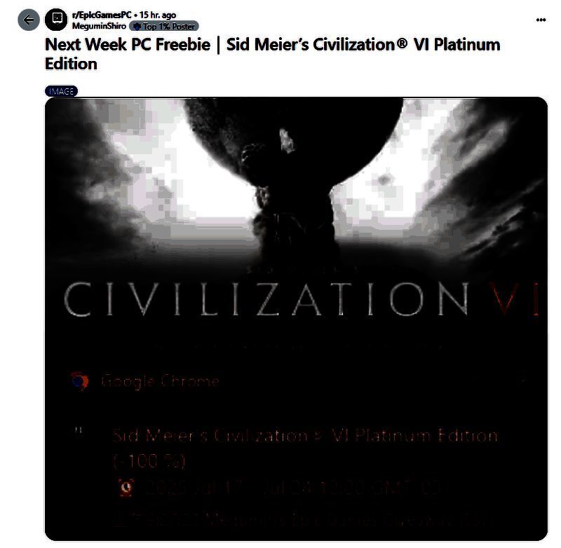 Reddit用户MeguminShiro在论坛上的爆料截图，内容提及《文明6》白金版将作为Epic下周免费游戏