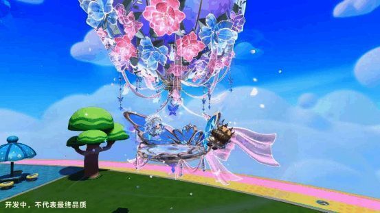 从热气球飞出大量蝴蝶，围绕蛋仔飞翔，营造梦幻场景