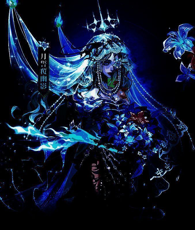 女性时装展示图，新娘形象身着青蓝色长裙，胸口装饰红色心脏与骨头交织图案