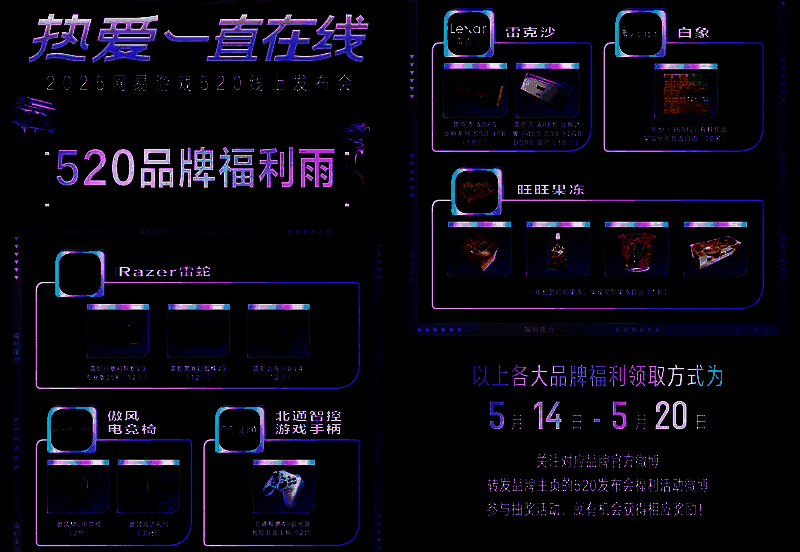合作品牌福利详情图，展示雷蛇外设、傲风座椅、北通手柄等产品
