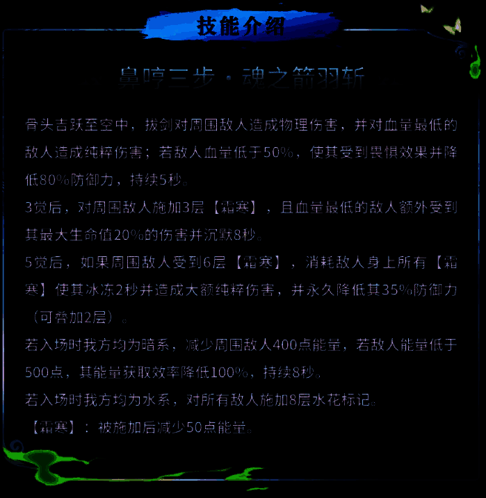 技能释放画面，地面结出冰面，敌人被冻结在原地，周围飘落蓝色雪花特效