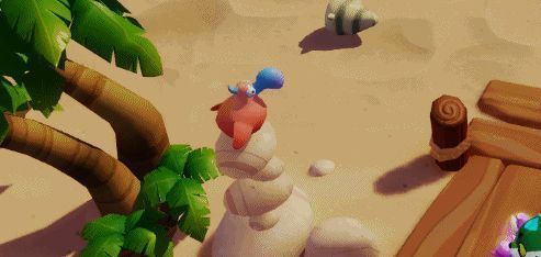 大鸟站在岩石上接受玩家投喂鱼干，并做出各种姿势供拍照