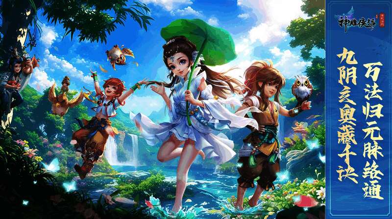 《神雕侠侣》手游全新资料片宣传图，角色手持九阴真经卷轴，背景为神秘幻境
