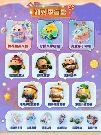派对季盲盒外观展示，包含多种糖果风格角色与服饰设计