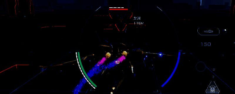 《解限机》中矛隼机甲飞行状态下使用速射炮攻击敌方目标的战斗画面，空中弹道轨迹清晰可见