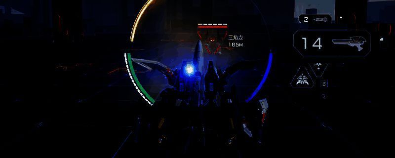 天袭者机甲手持能量机炮蓄力射击，周围火花四溅，背景为未来都市战场