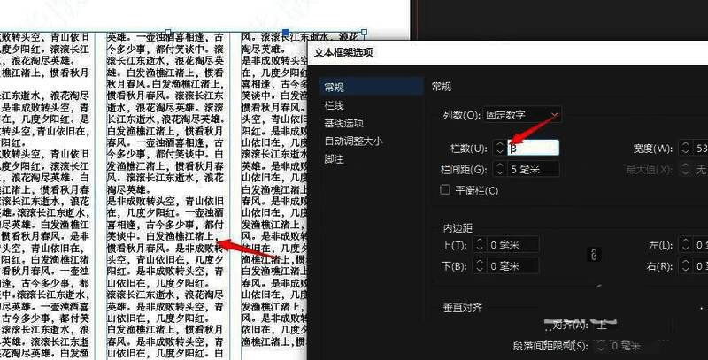 InDesign设置窗口栏线选项卡界面，插入栏线功能被选中