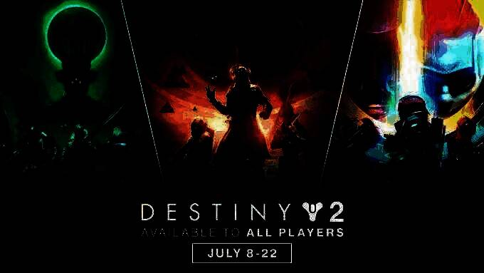 命运2三部DLC限时免费宣传图，背景为宇宙星空与守护者战斗场景