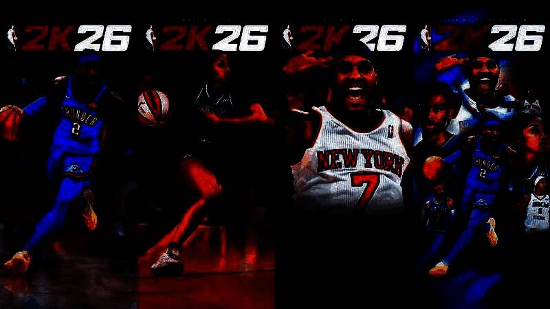NBA 2K26封面人物三人合照，Shai Gilgeous Alexander、Angel Reese与Carmelo Anthony身着球衣，背景为灯光璀璨的球场舞台