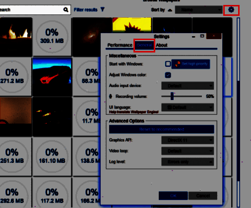 设置页面中的齿轮图标与General选项展示图