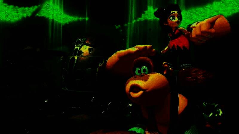 《咚奇刚：蕉力全开》游戏画面，大金刚与宝琳在地下世界中展开冒险，场景中可见被破坏的墙体与隐藏路径