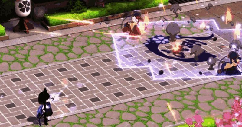 战斗场景截图，桐生桔梗处于后排位置，周围队友获得增益特效