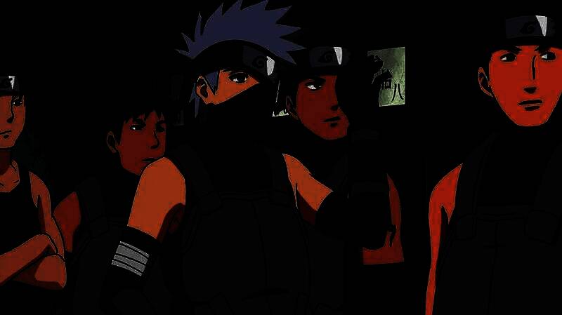 暗部成员进行战术部署的画面，背景为木叶村夜景