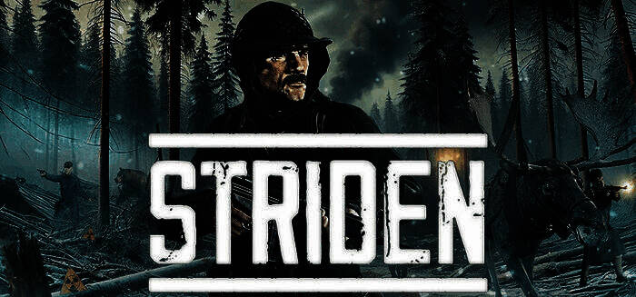 《Striden》游戏封面图，展现废土风格的战场环境与角色形象