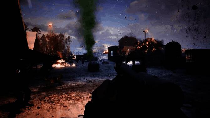 《Striden》游戏内场景截图，展现废土风格的城市残骸与激烈战斗场面