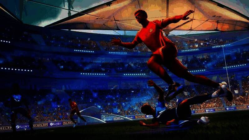 Sloclap团队成员正在体验《开球》，现场气氛热烈，玩家表情投入