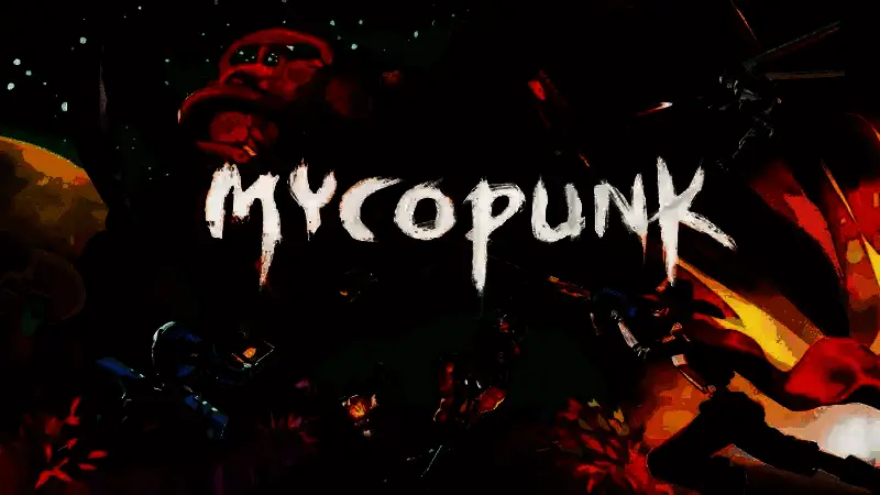 《Mycopunk》游戏封面图，展示科幻风格的战斗场景，角色身穿未来装备，背景为被真菌覆盖的星球表面