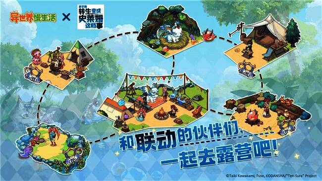 玩家在迷雾森林中探索的场景，角色们围坐在篝火旁，气氛温馨