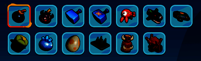 战斗道具展示，玩家可拾取不同道具进行战术搭配