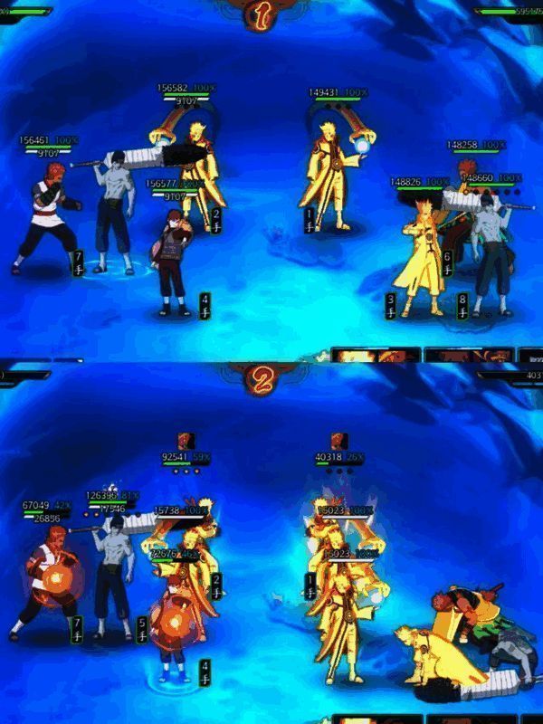 鸣人在斗祭中与敌方激烈交战，分身与尾兽玉技能连发