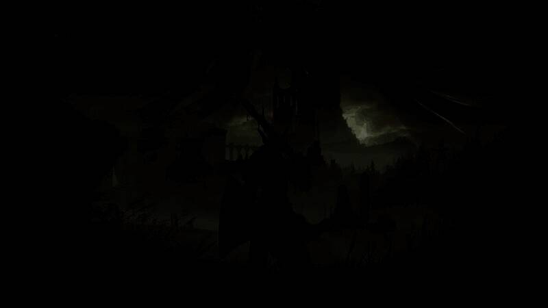 FromSoftware游戏画面概念图，黑暗幻想风格的城堡与战斗场景