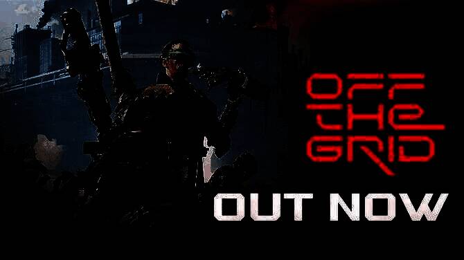 游戏《Off the Grid》实机画面，玩家角色在废墟中持枪警戒，背景呈现末世风格