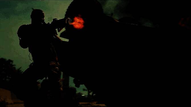 角色装备电子义肢，手持重型武器在城市废墟中穿梭的战斗场景