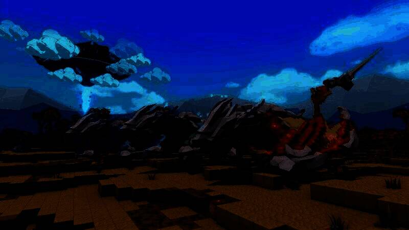 玩家与恐龙并肩作战的场景，背景为广袤的丛林与远处的火山