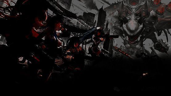 游戏世界观介绍图，背景为末世废土，指挥官与妮姬站在高塔之上俯瞰战场