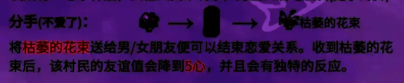 星露谷物语分手场景，NPC收到枯萎花束后表情失落，界面显示关系解除提示