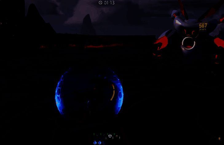 BOSS战精彩瞬间，角色与巨型机器人在战场中央激烈对峙，地面红色区域为攻击范围