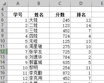 完成排名后的表格展示，学号顺序保持不变，排名列已生成
