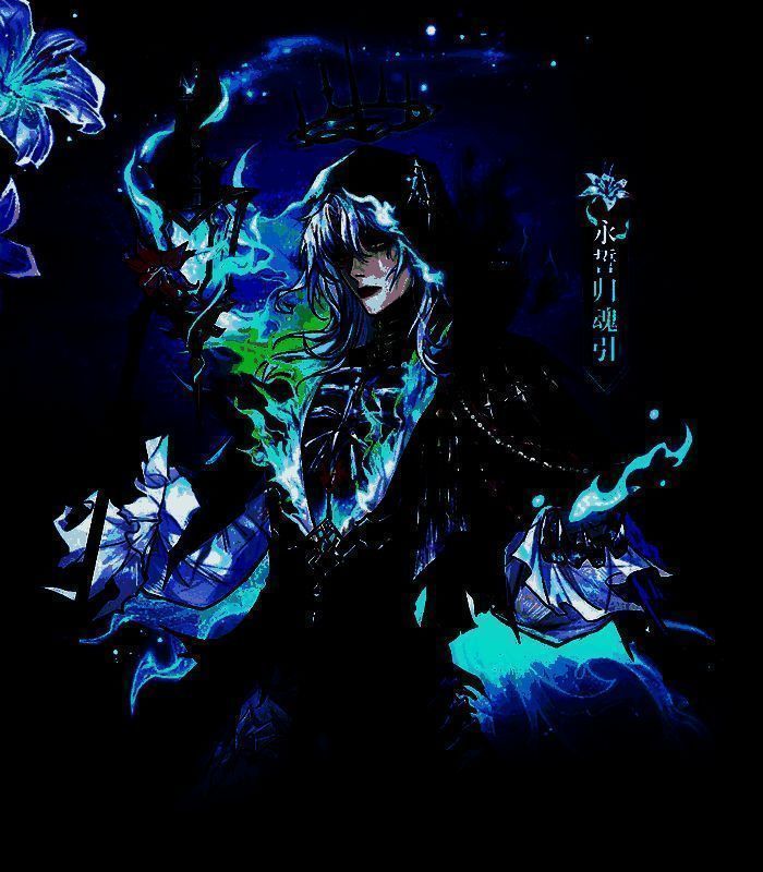 男性时装展示，身穿黑色长袍，手持魂火提灯，银发飘逸