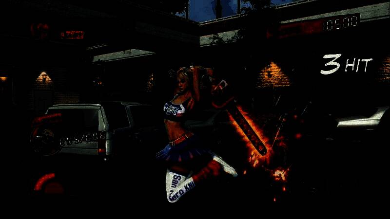 游戏战斗场景展示，主角茱丽叶手持电锯在空中进行连击，周围僵尸四散