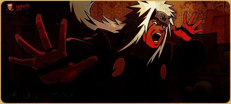 火影忍者手游高招S忍自来也宣传图，角色身穿经典红白长袍，手持忍术准备战斗