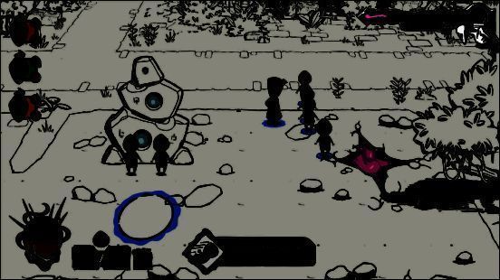 游戏主界面展示，四名玩家角色围绕邪神雕像进行仪式