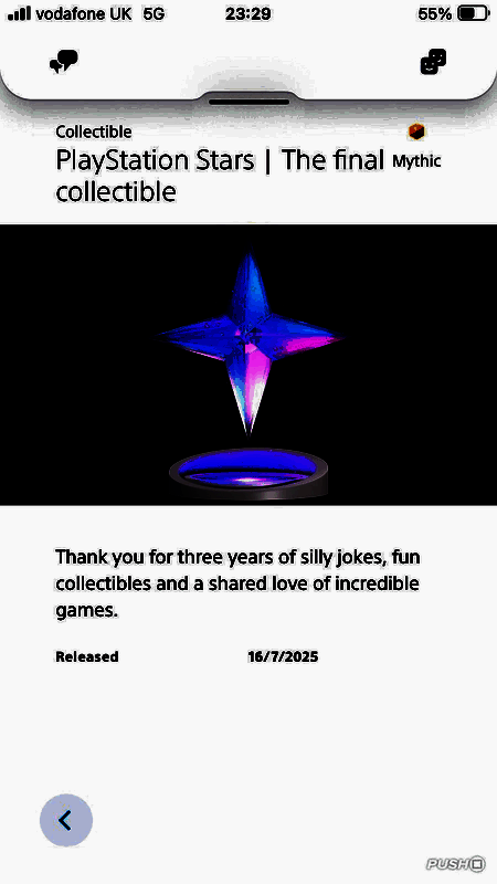 PlayStation Stars计划最后一款收藏品实体化星星，设计精致，附有感谢语