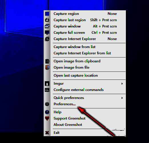 任务栏中的Greenshot图标，右键菜单显示Preferences选项被选中