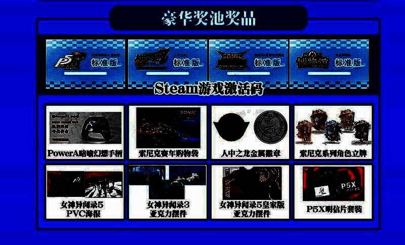 豪华奖池奖品展示，包含限定手办、周边礼盒等高价值物品