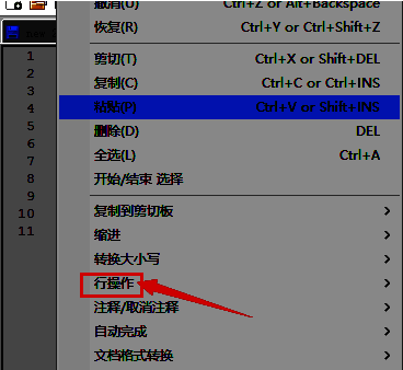 Notepad++行操作子菜单展开，显示多个文本处理命令