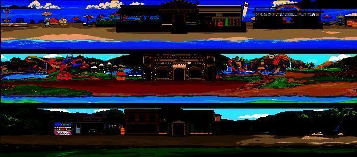 沙滩、水上乐园和山谷三大夏日主题关卡场景展示，风格各异，色彩明亮