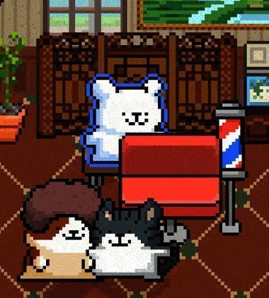 动物顾客在美发店内接受造型服务，发型师使用剪刀和吹风机进行操作