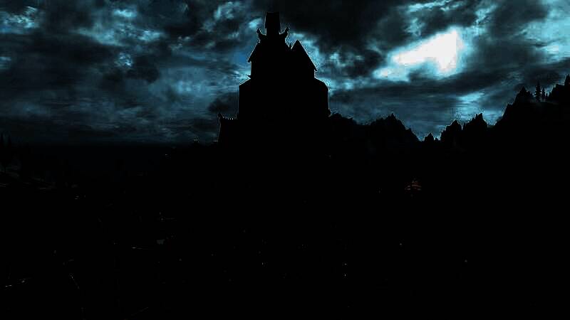 玩家社区创作的《上古卷轴6》粉丝艺术图，描绘主角站在山巅俯瞰广袤大陆