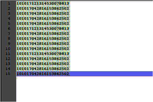 Notepad++正在打开一个txt文件，文件内有多行数字编号，清晰可见每行前有自动编号的行号