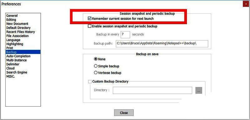 Notepad++设置界面，展示默认勾选的【Remeber current session for next launch】选项