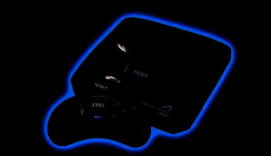 世嘉MD主机外观展示，经典黑白配色搭配红蓝按钮，极具复古科技感