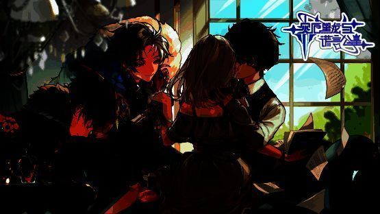 女主与黑发正太龙赫泽尔对视的插画，背景为暗色调城堡，氛围神秘而紧张