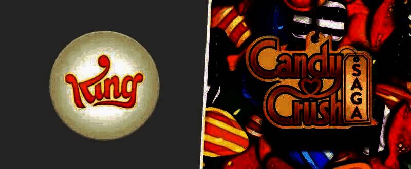 King公司总部外观，现代建筑风格，门口有《糖果传奇》角色装饰