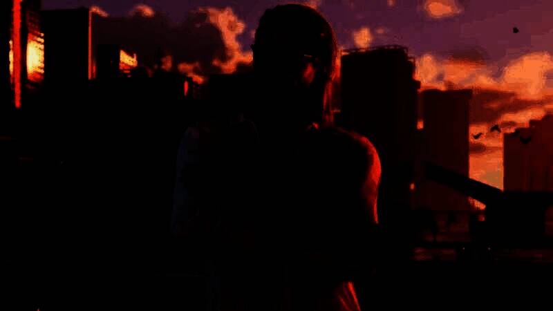 概念艺术风格插画，描绘GTA6城市夜景与标志性角色剪影，象征即将到来的宣传高潮