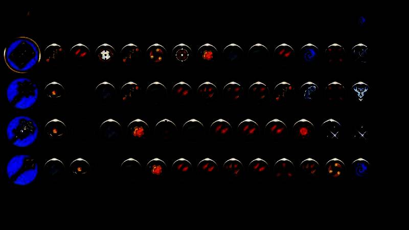 游戏中法术编辑界面截图，展示多种符文排列组合方式及实时预览效果